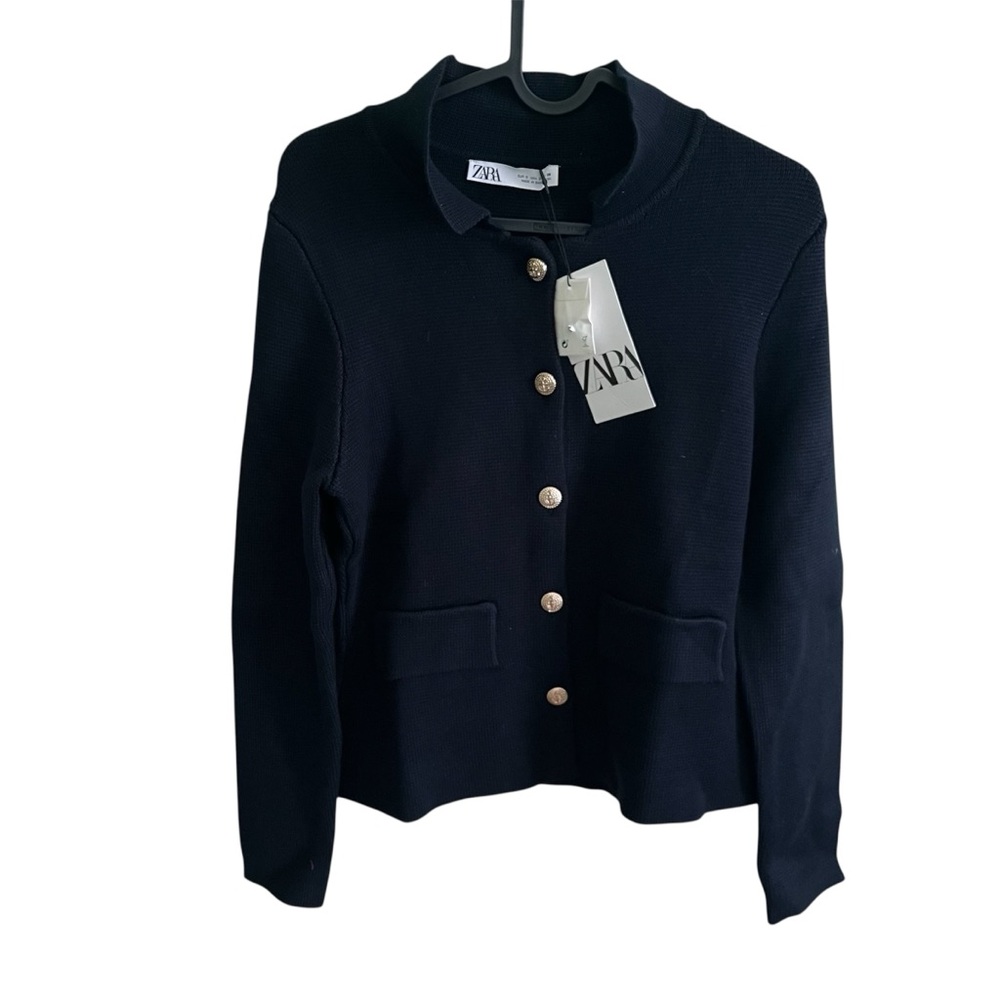 Zara Navy Blue Knit Cardigan Gold tone Button Long Sleeves Blazer style Size S - Picture 3 of 7